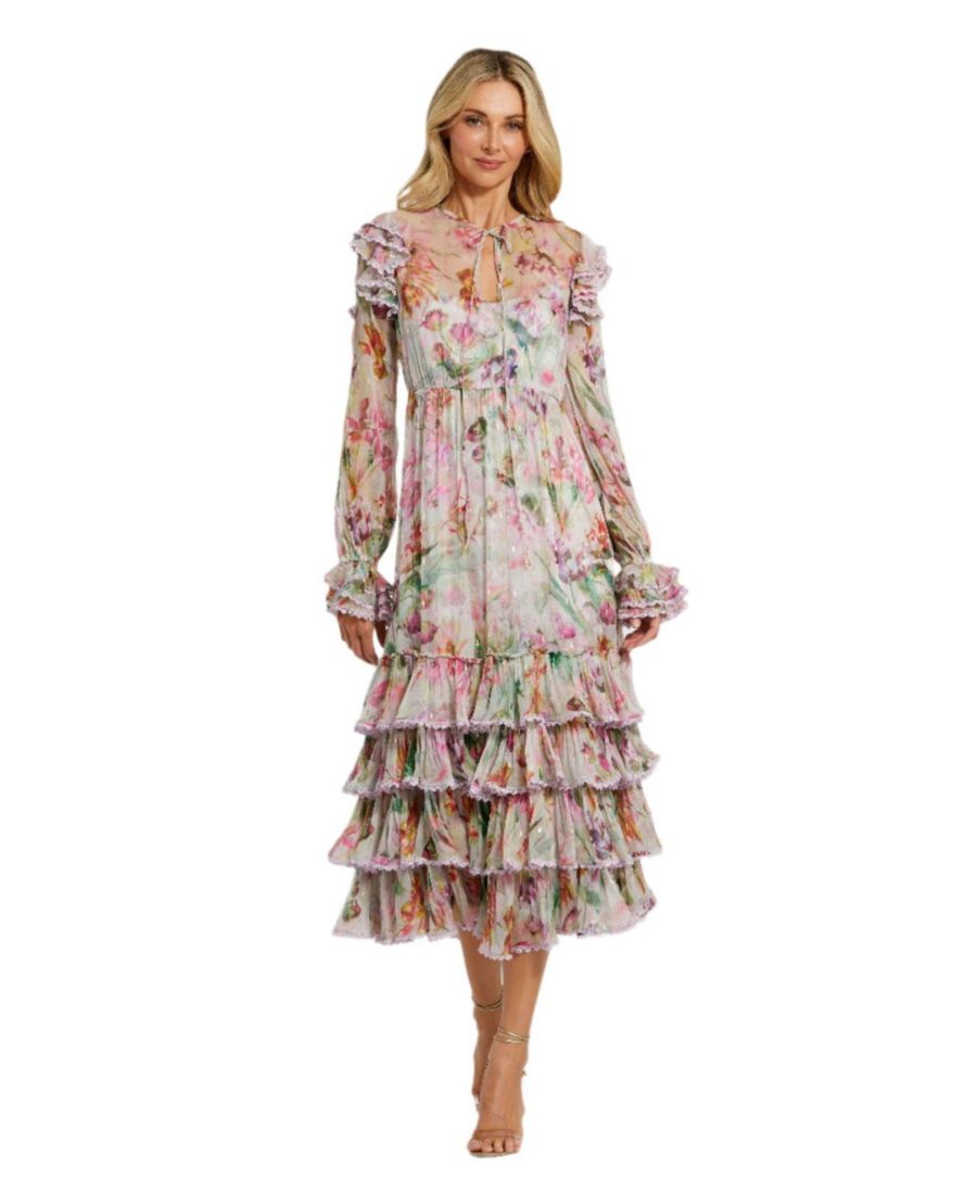 

Женское платье с длинными рукавами, завязками на шее и оборками, с цветочным принтом Mac Duggal, Lilac multi