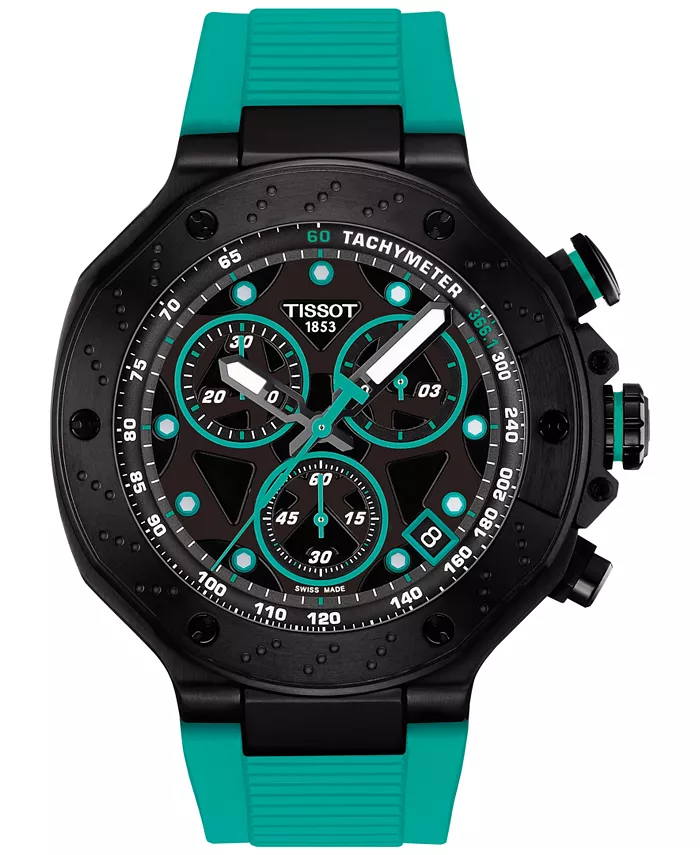 

Мужские швейцарские часы-хронограф T-Race с зеленым силиконовым ремешком, 45 мм Tissot