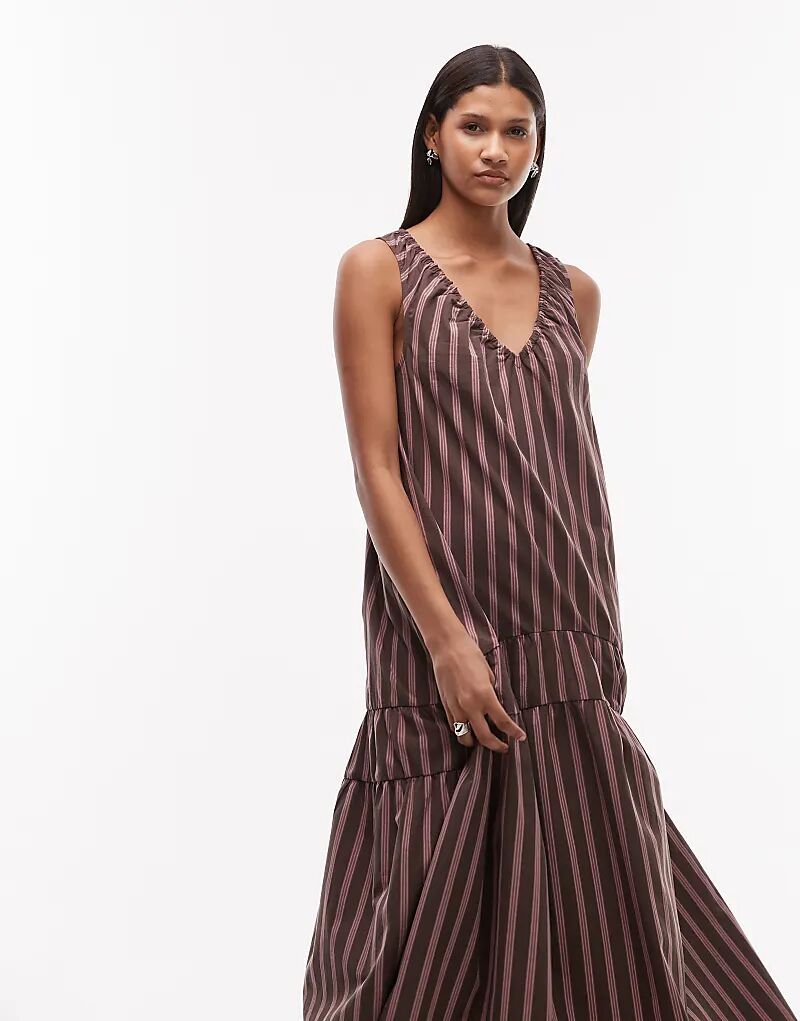 

Платье миди из поплина Topshop с заниженной талией в розово-шоколадную полоску