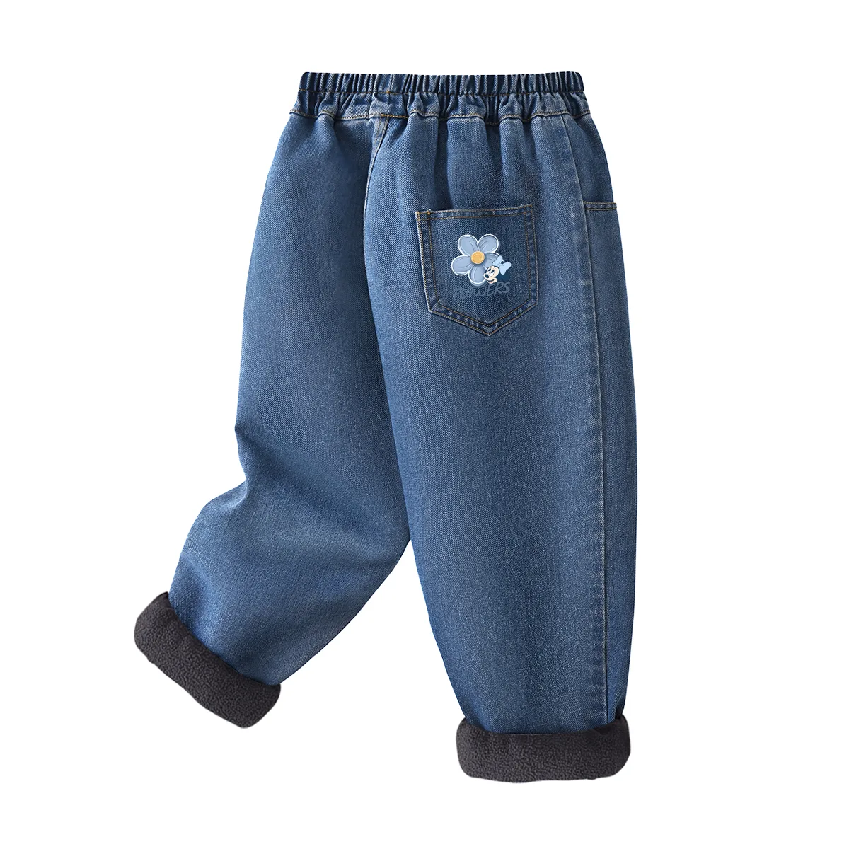 Детские джинсы утепленные с флисовой подкладкой Disney, [Thickened and Fleece-Lined]Di Flower Mark K_Right Back Pocket Denim Light Blue