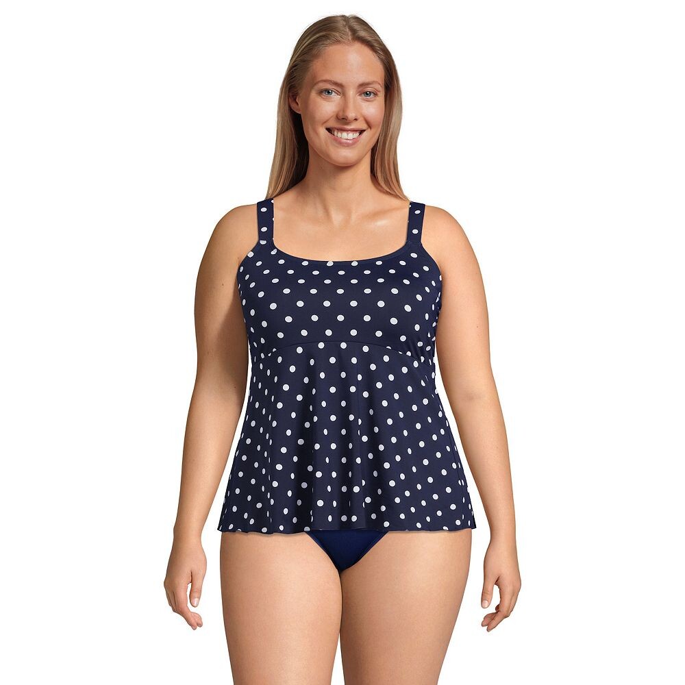 

Большие размеры Lands' End Flutter Empire Waist Комфортный купальник-танкини с ремнем Верх, цвет Deep Sea Polka Dot