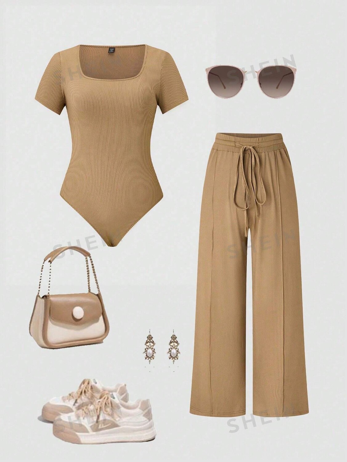 

Privé Summer Plus Size Повседневное однотонное боди с короткими рукавами и длинные брюки 2 шт/компл Shein, коричневый
