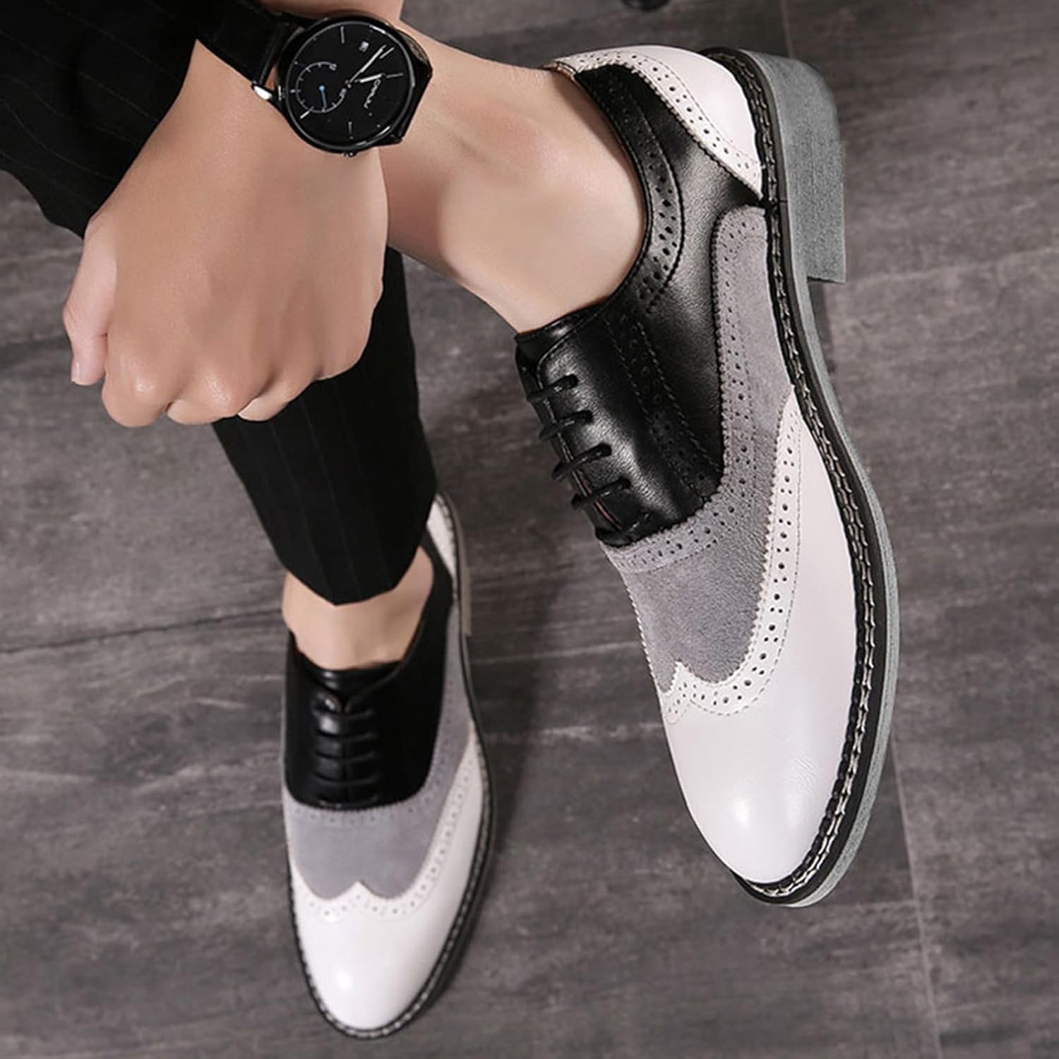 Мужские оксфорды GLBDU Wingtip с двухцветной вставкой и перфорацией: модные классические кожаные туфли с круглым носком и шнуровкой, низкий верх, черный — фото 3