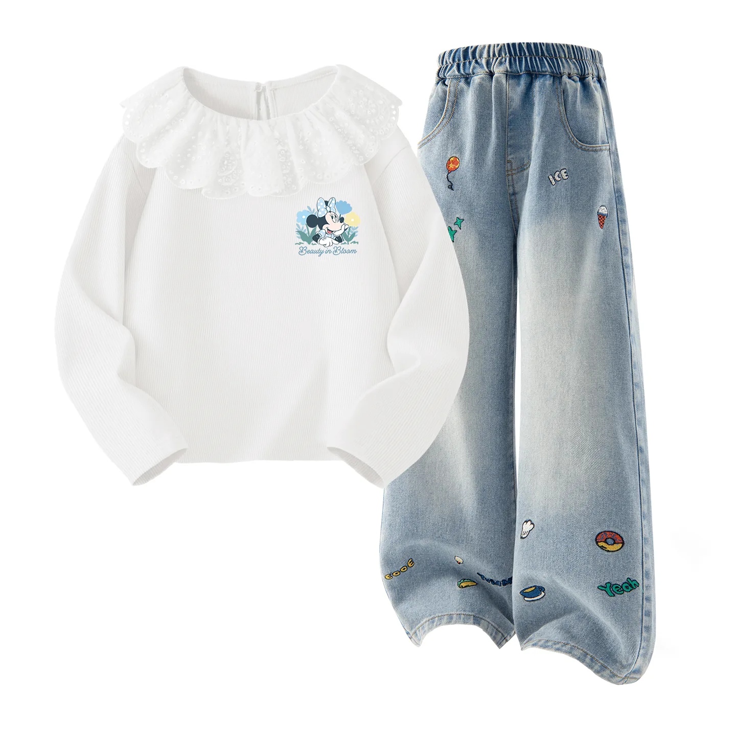 Детская повседневная спортивная одежда с лацканом Disney, Di Smile Flower K Gardenia White+Solid Color Denim Blue