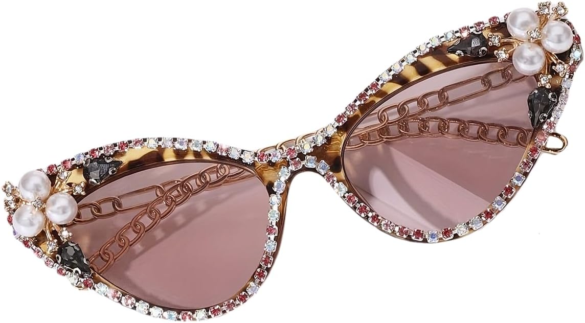 

Солнцезащитные очки «кошачий глаз» с цепочкой и стразами, маленькая оправа, ретро-гавайский стиль, легкие, идеально подходят для уличного стиля и отдыха IYANCHENG, Leopard Print