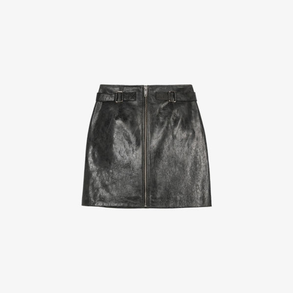 

Мини-юбка The Kooples из кожи с молнией и декоративным ремнем, черный