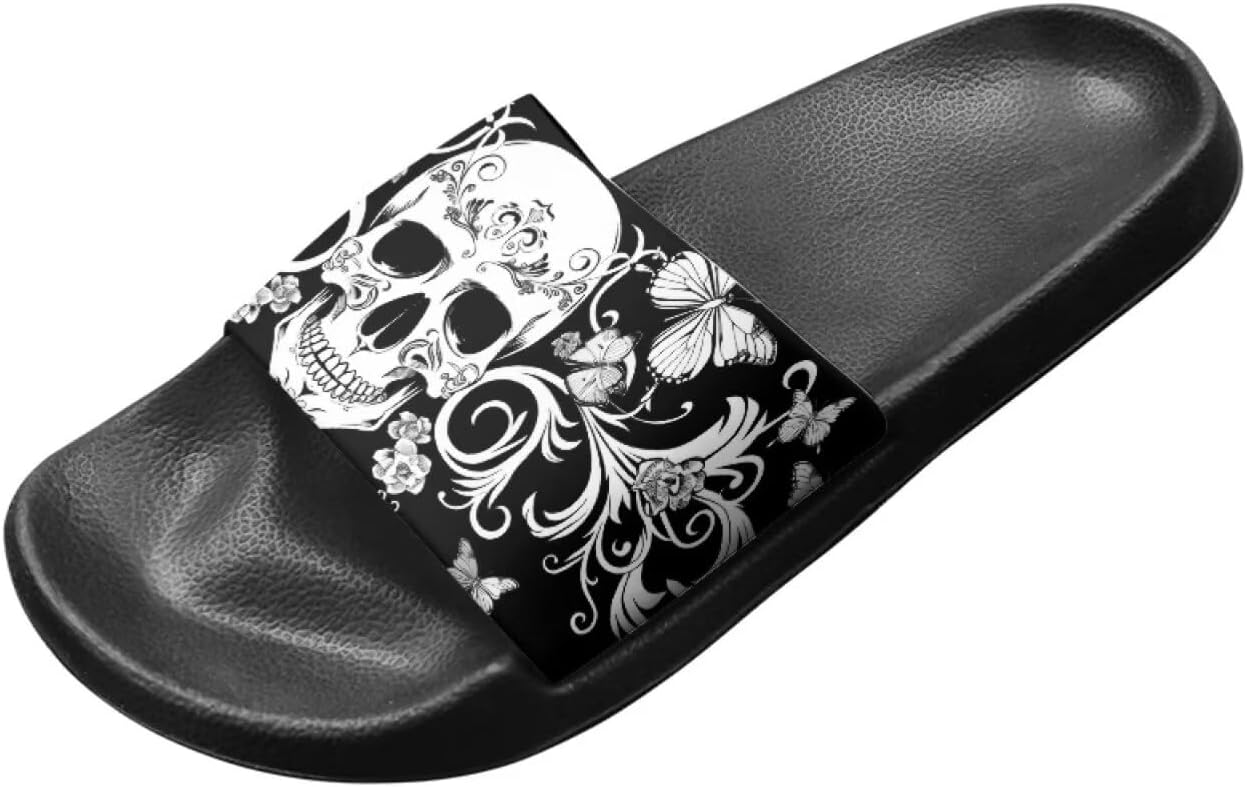 

Сандалии Binienty с одной полоской для женщин и мужчин, нескользящие, повседневные, для прогулок, пляжные шлепанцы с поддержкой свода стопы, Gothic Skull