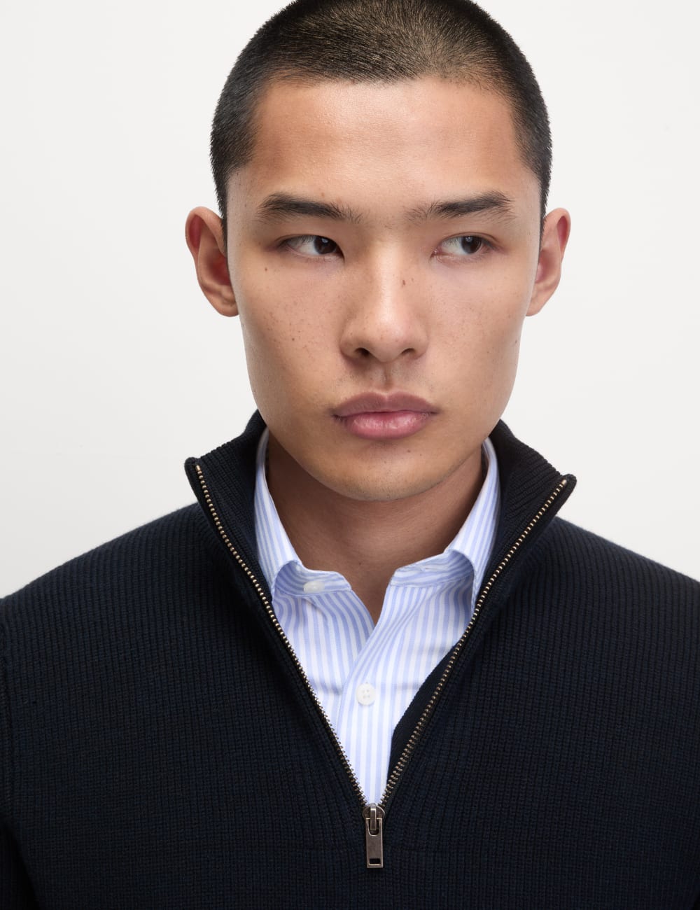 

Джемпер из хлопковой смеси с застежкой-молнией и рубчиком Marks & Spencer, темно-синий