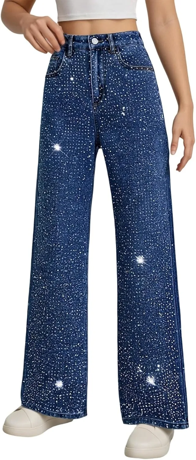 

Женские джинсы с пайетками High Waisted Baggy Straight Wide Leg