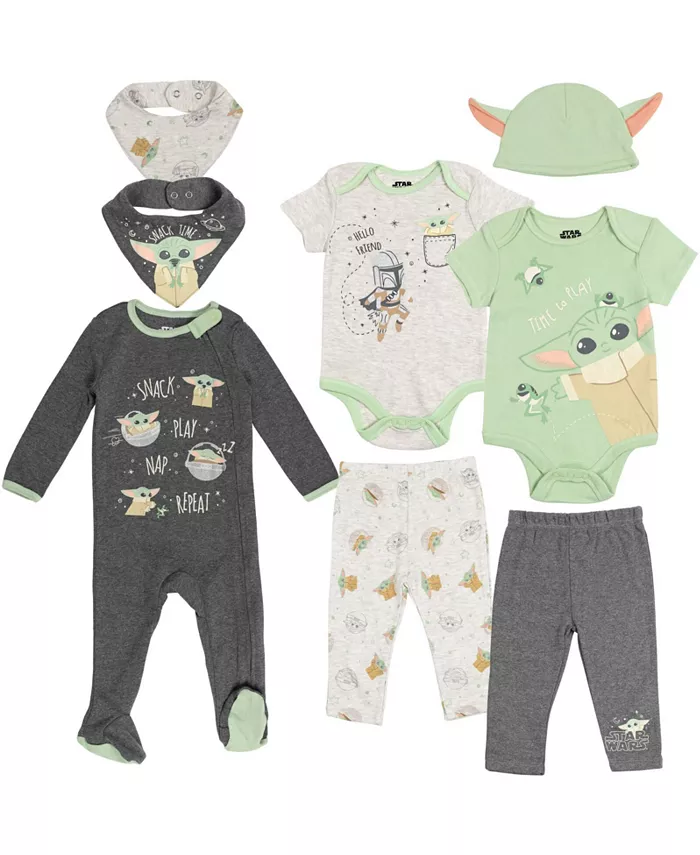 

Комплект для мальчиков Baby Boys Yoda: боди, пижамные штаны, шапочка и слюнявчики (8 предметов) Star Wars, мультиколор