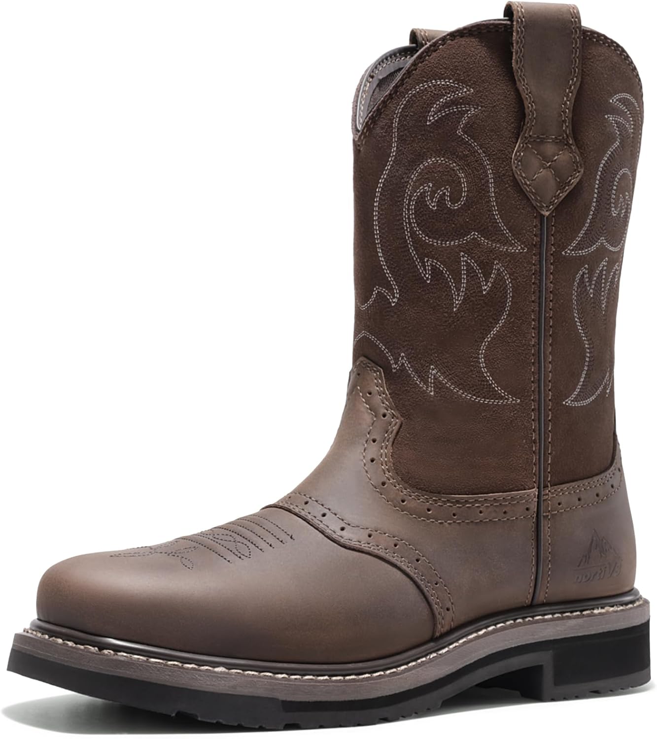 

Мужские ковбойские ботинки NORTIV 8 с стальным носком, квадратный носок, кожаные ботинки с защитой от опасностей, для строительства, фермерства, модели Bronco Trailblazer, темно-коричневый