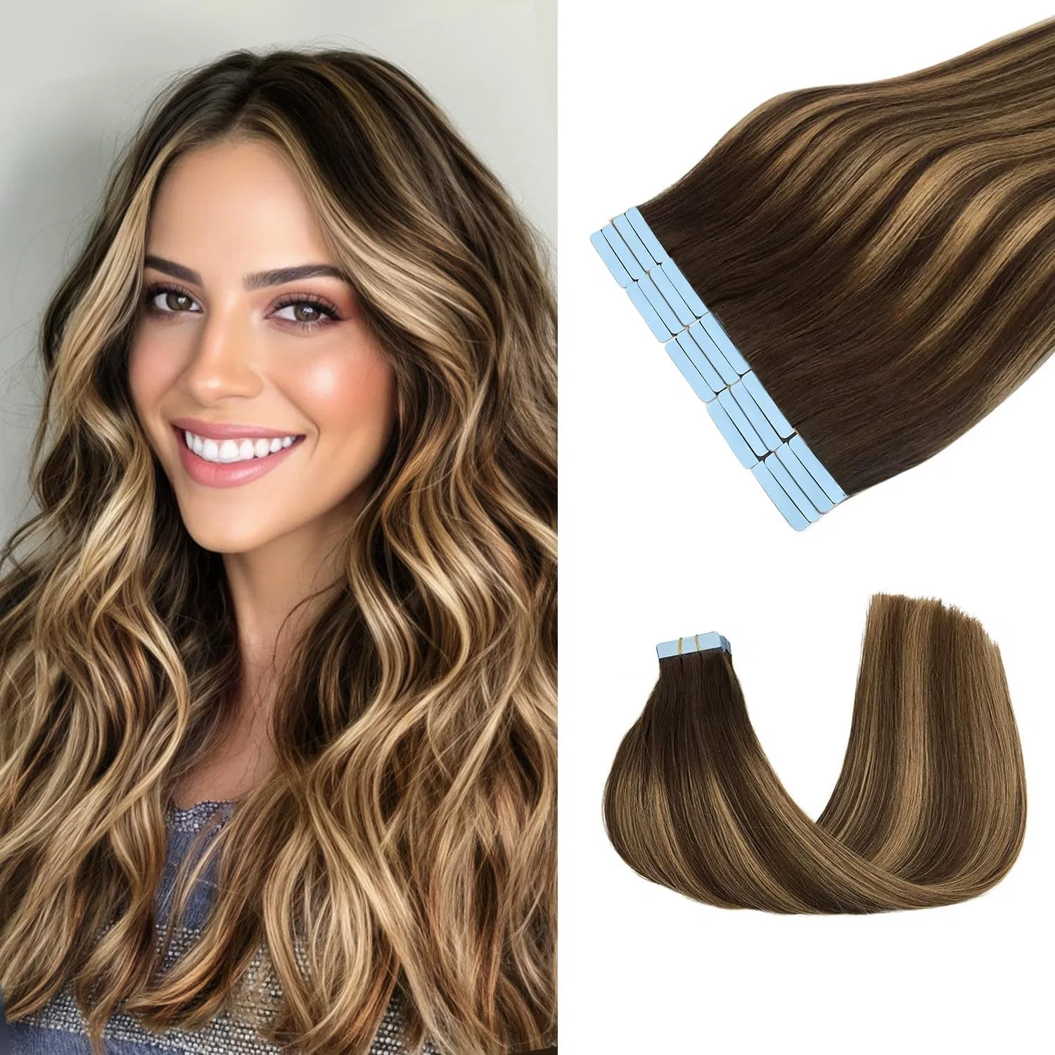 Накладные пряди для наращивания «Tape-In Real Hair Extensions» от JESSBO Jessbo, #T4/P4/27 Chocolate Brown Mxied Caramel Blonde
