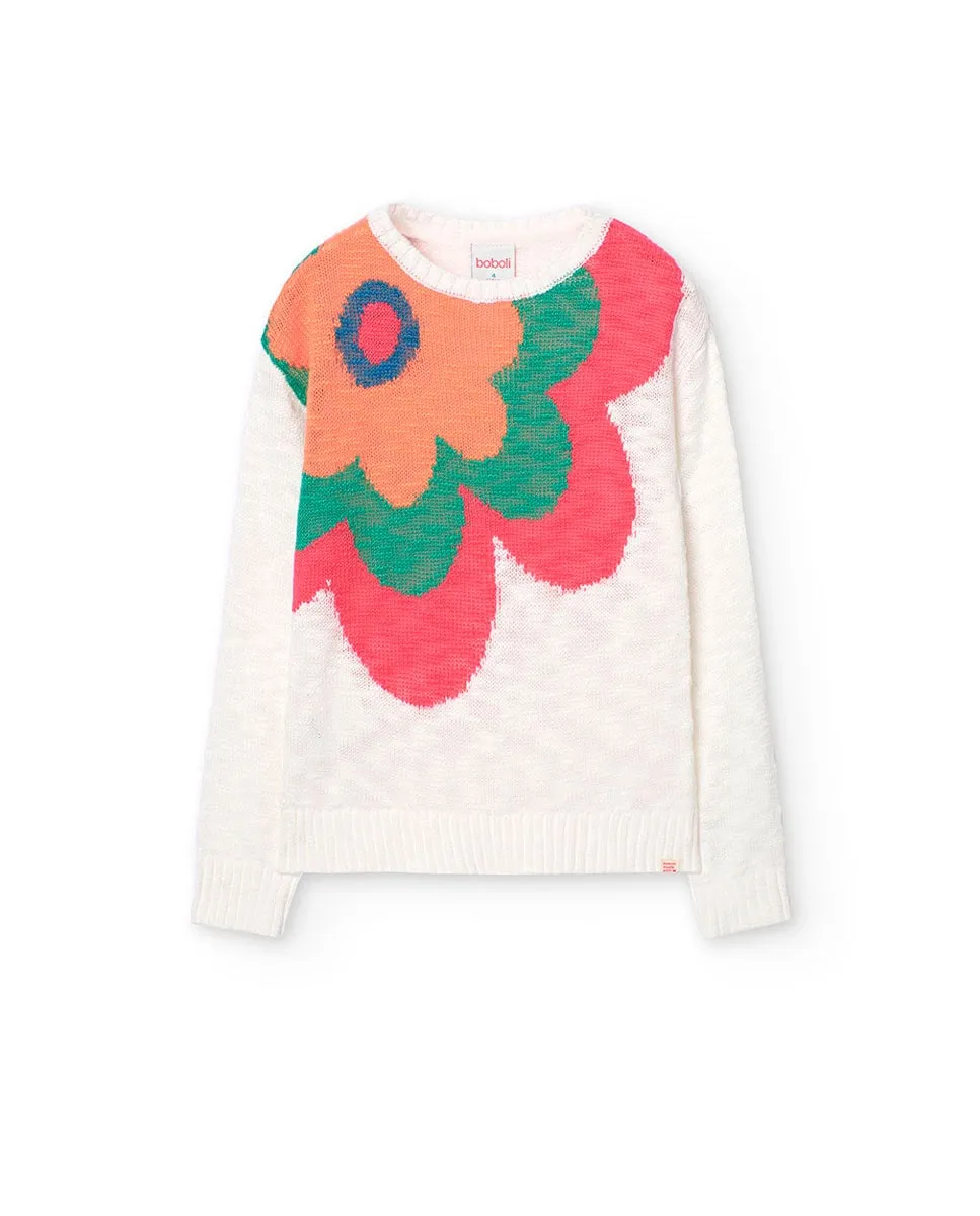 

Свитер для девочки с цветочным принтом и круглым вырезом Boboli, белый