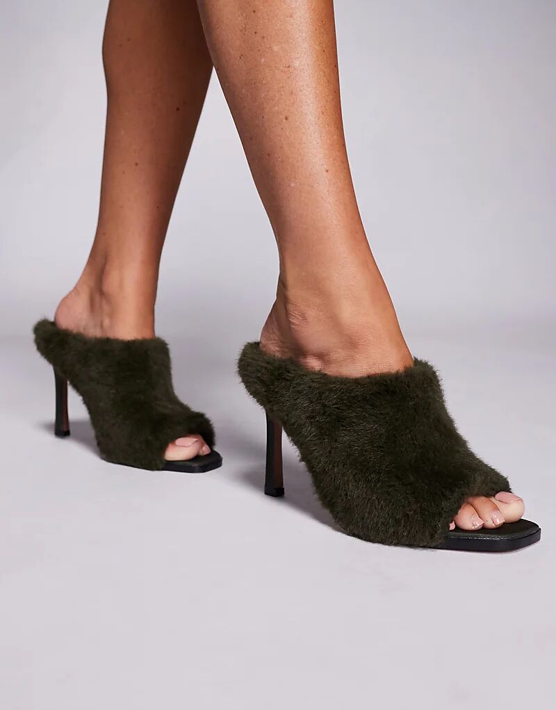 Мюли Nessa из искусственного меха на высоком каблуке от ASOS DESIGN в цвете «лесной зеленый»