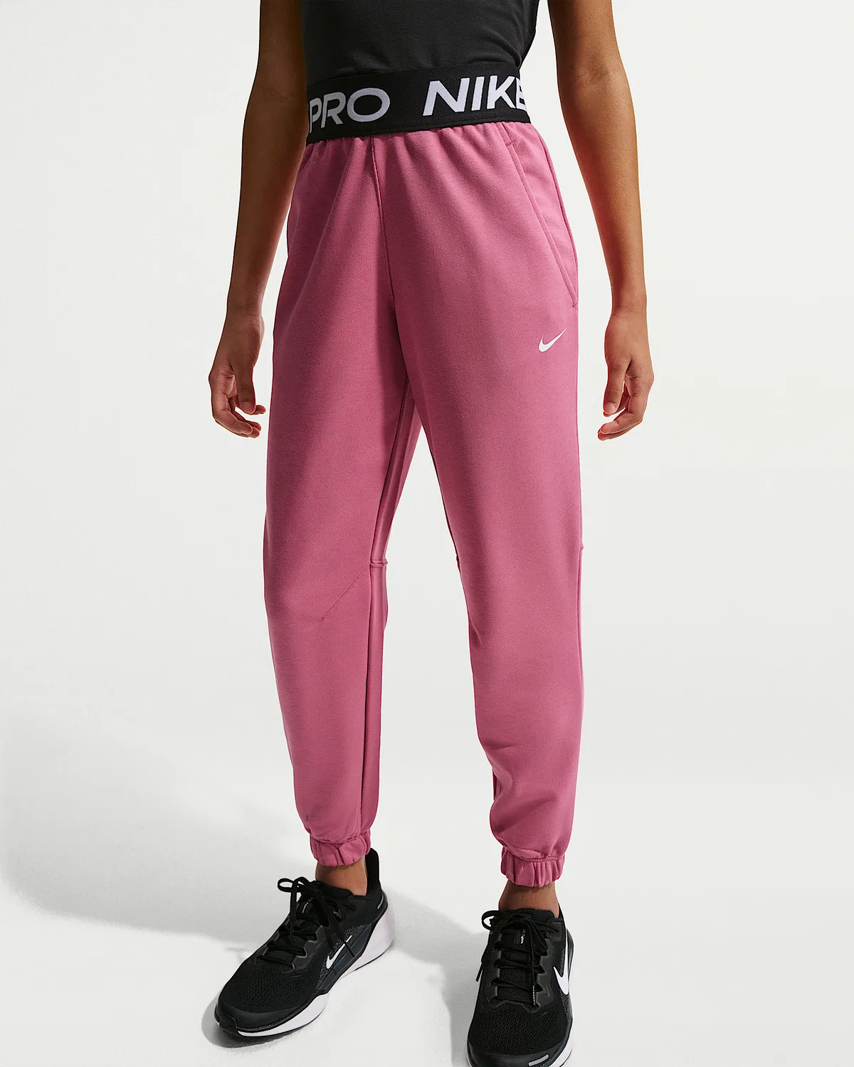 Детские (девчачьи) джоггеры Nike Pro Fleece Dri-FIT, Peony/Peony/Black/White — фото 2