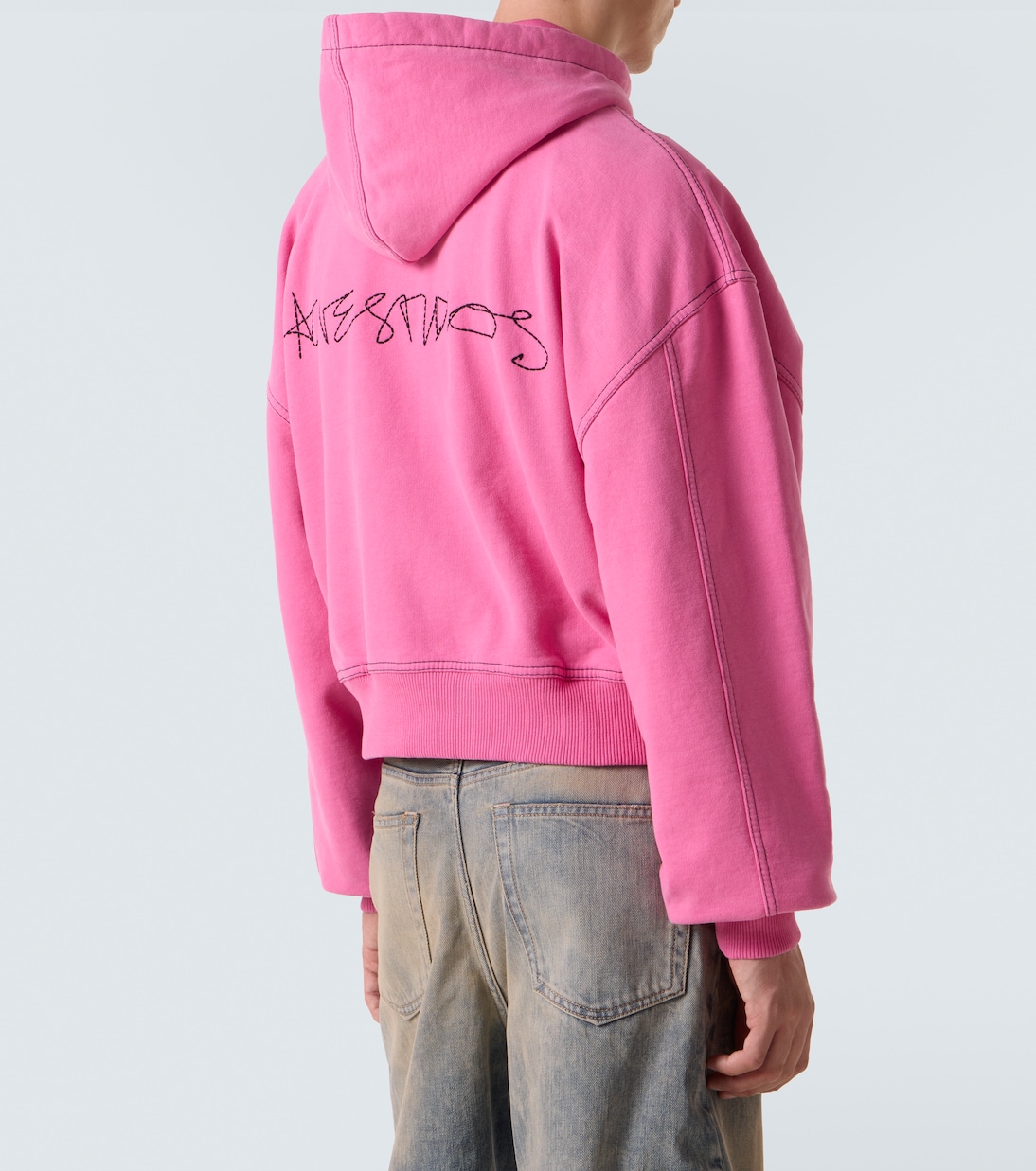 Толстовка с капюшоном из хлопкового флиса с вышивкой на молнии Acne Studios, розовый — фото 4