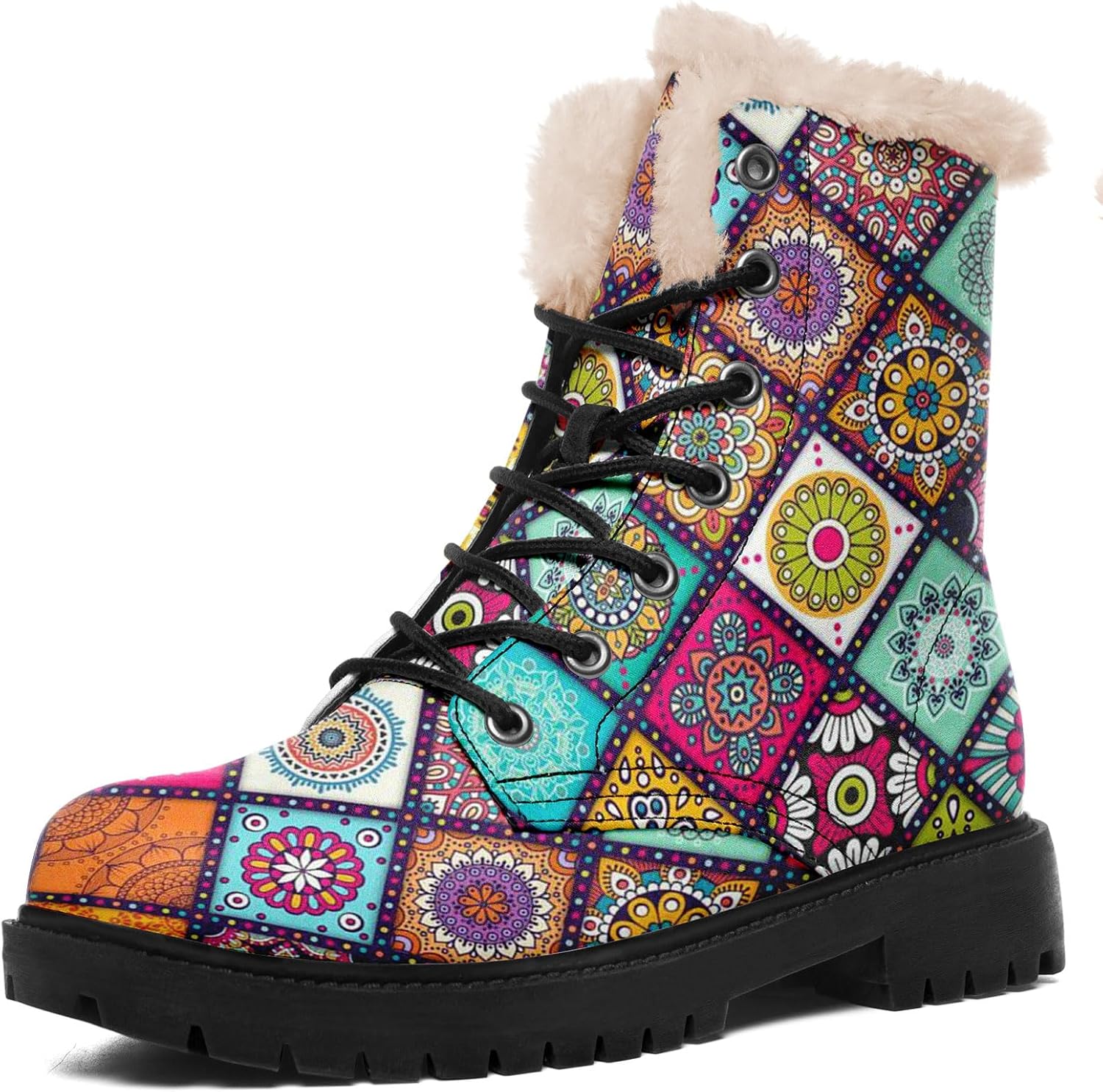 

Художественные зимние ботинки для женщин с узорами мандалы Солнце, Луна, Пчела, шнурованные уютные зимние ботинки с искусственным мехом Awsole, Colorful Patterns