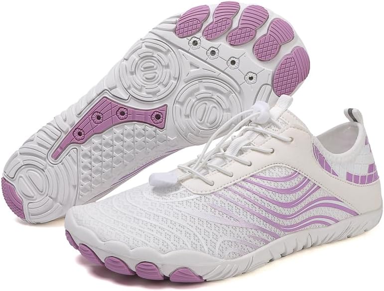 

H02 обувь с пятью пальцами, с мягкой подошвой, противоскользящие, дышащие, для йоги, тренировок, хайкинга, водные тапочки, обувь для плавания и пляжа Ffblwei, белый/фиолетовый