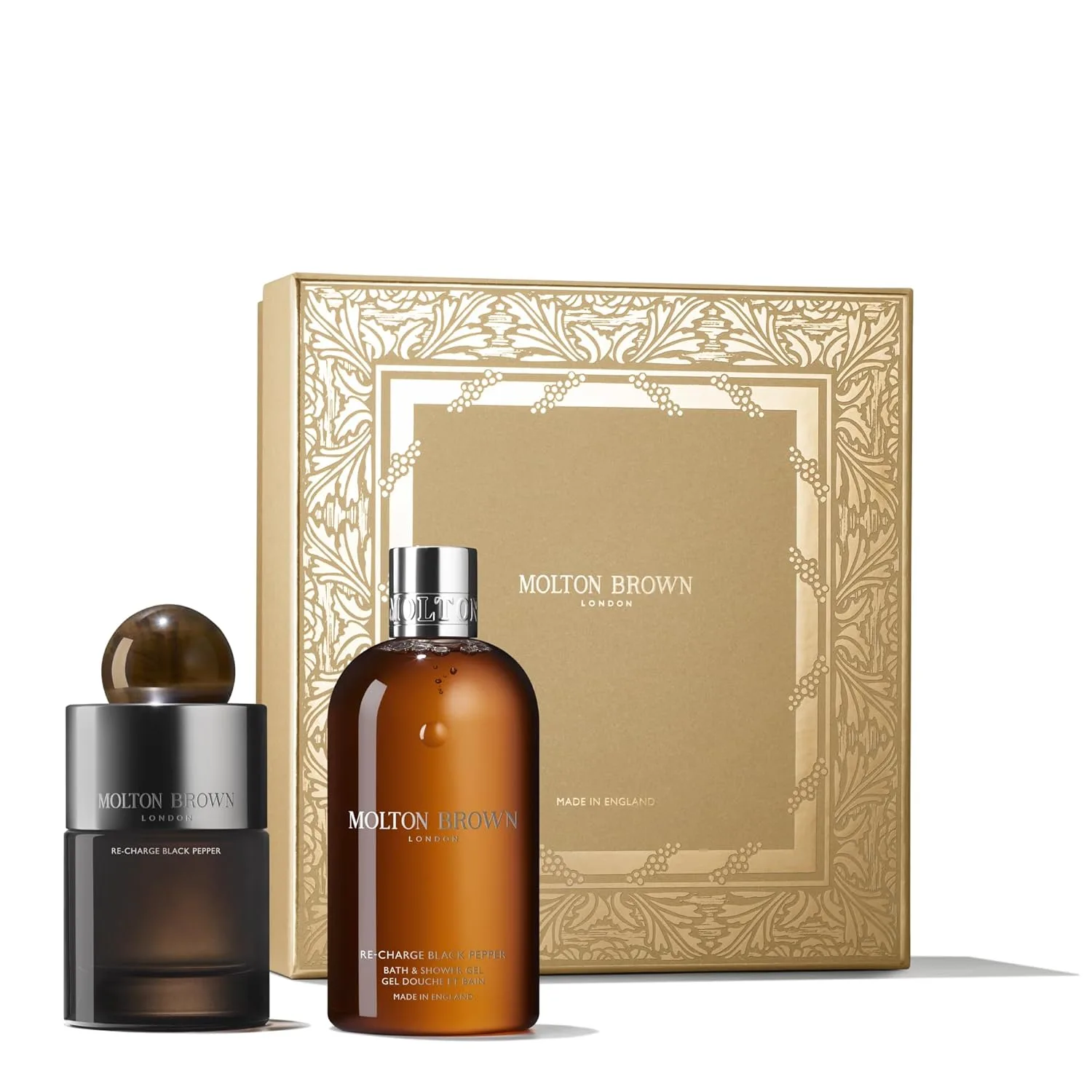 Подарочный набор Molton Brown Re-charge Black Pepper: парфюмерная вода (99 мл) и гель для душа (319 мл). Роскошный подарочный набор для ухода за телом с приятными ароматами. 540 дирхамов ОАЭ, black