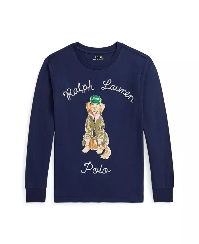 

Детская хлопковая футболка с длинными рукавами и принтом собаки Polo Ralph Lauren, синий