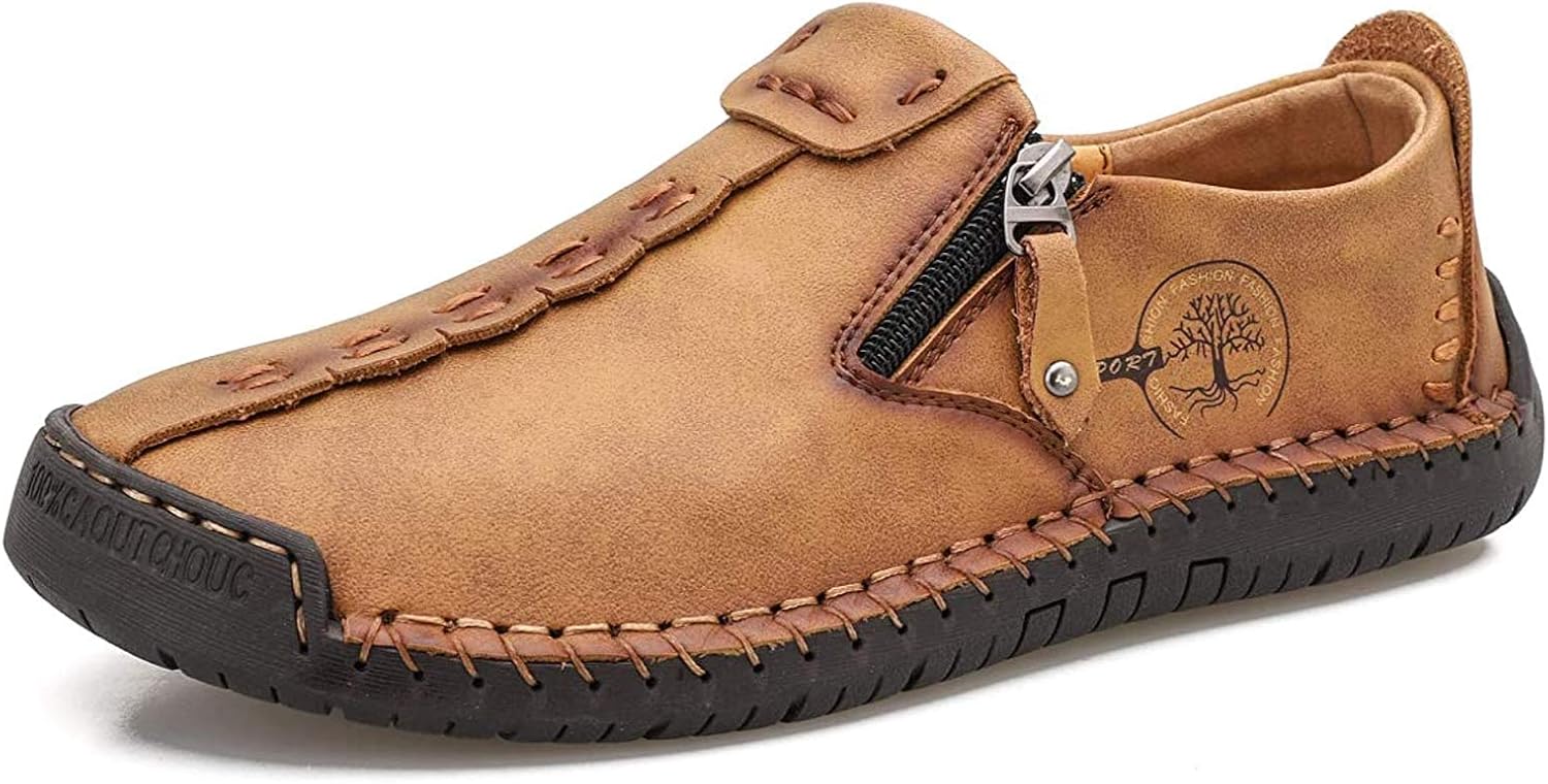 

Мужские слипоны-лоферы, повседневные кожаные лоферы на плоской подошве, легкие дышащие туфли для прогулок и вождения, комфортные классические туфли с ручной строчкой, офисные и туфли, противоскользящие мокасины с круглым носком Nuheel, коричневы...