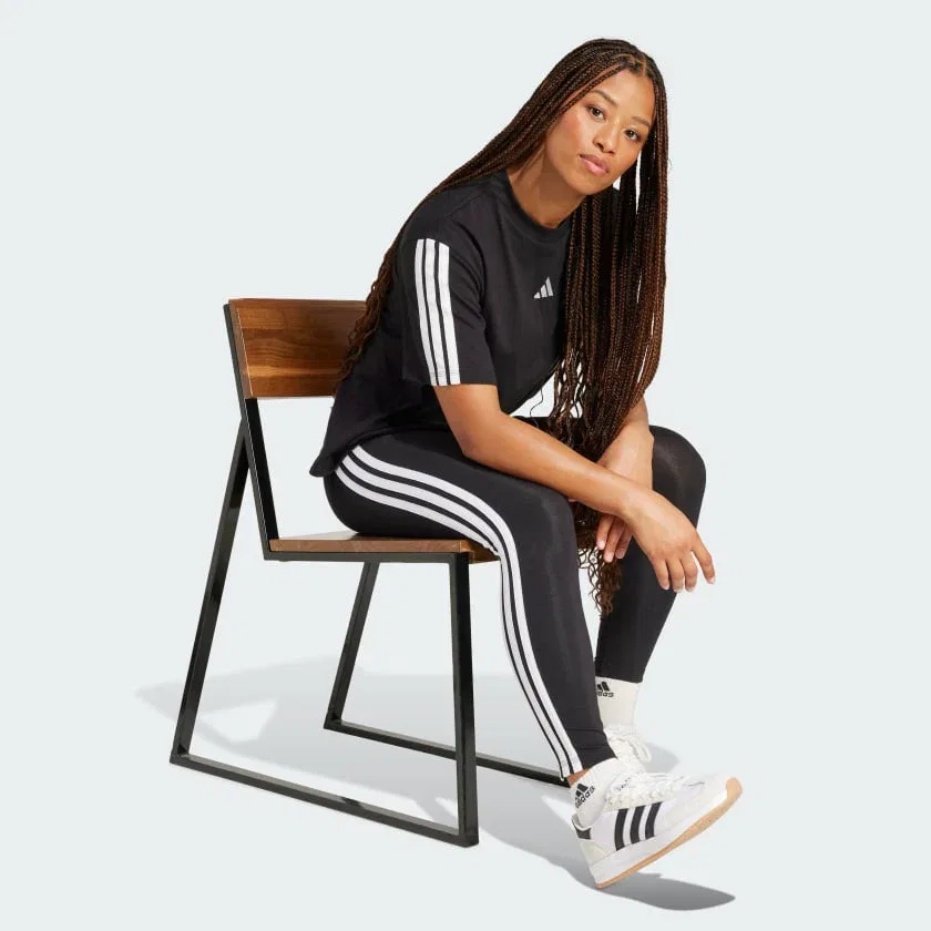 Женские хлопковые леггинсы adidas Essentials с тремя полосками, черный/белый — фото 3