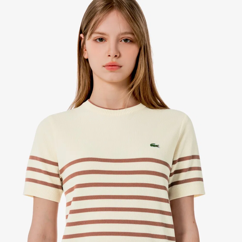 Женский свитер Lacoste с коротким рукавом, полосатый, айвори — фото 2