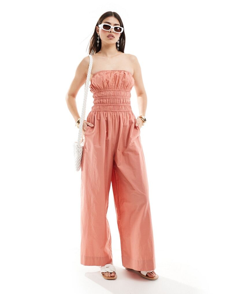 

ASOS DESIGN – персиковый комбинезон с рюшами и широкими штанинами