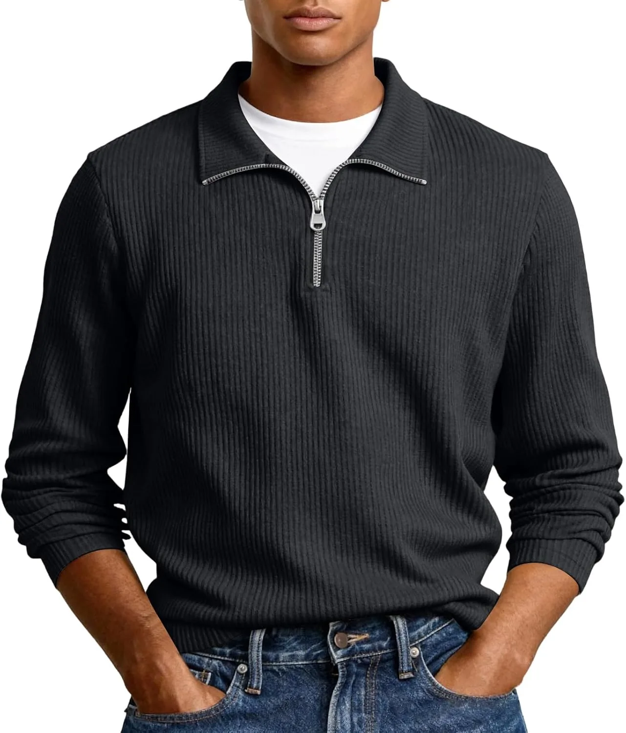 

Толстовка-полузип для мужчин с длинным рукавом, вязаная, с лацканом, Slim Fit