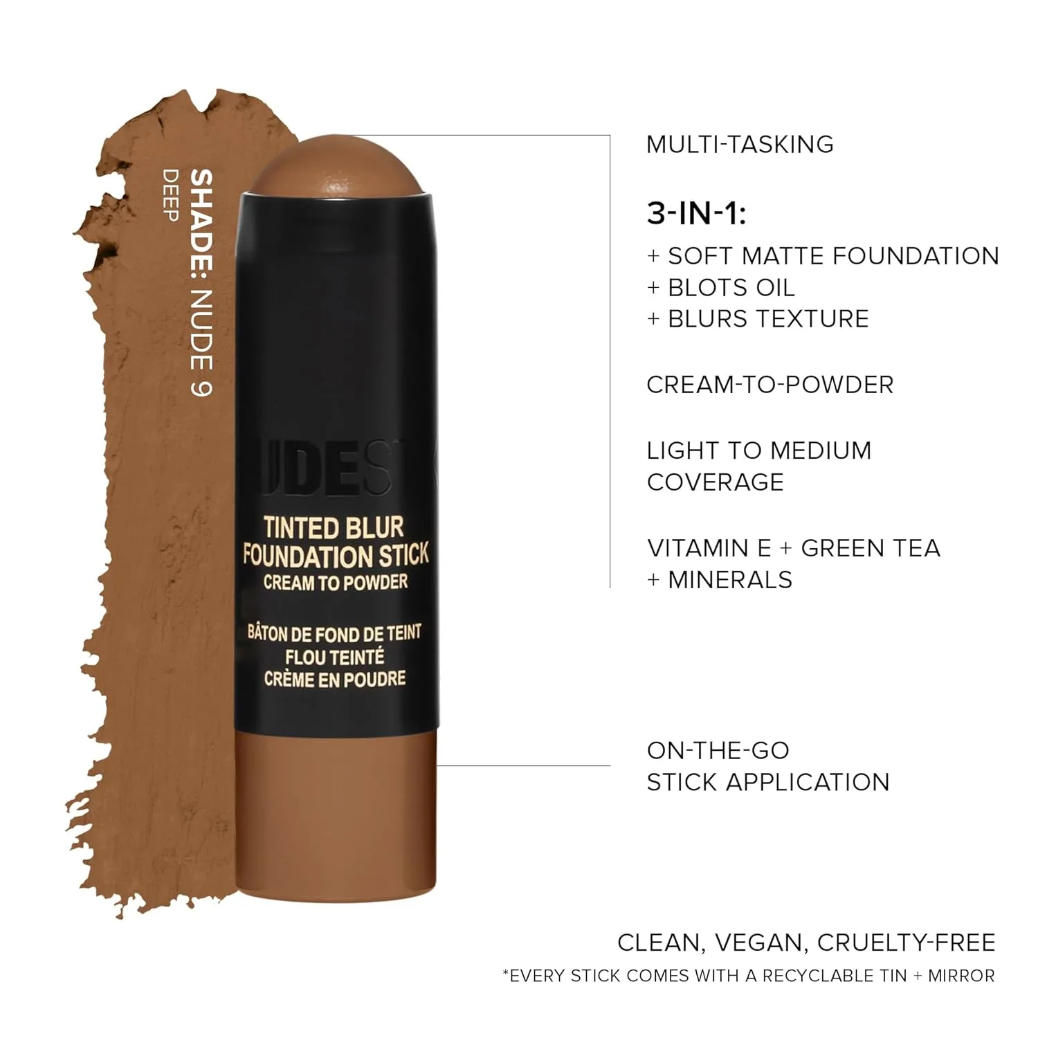 Тональный стик Nudestix Tinted Blur Foundation Stick - кремово-пудровая легкая текстура для маскировки пор, недостатков и мелких морщин | Естественный матовый финиш с светоотражающими пигментами, DEEP 09 — фото 4