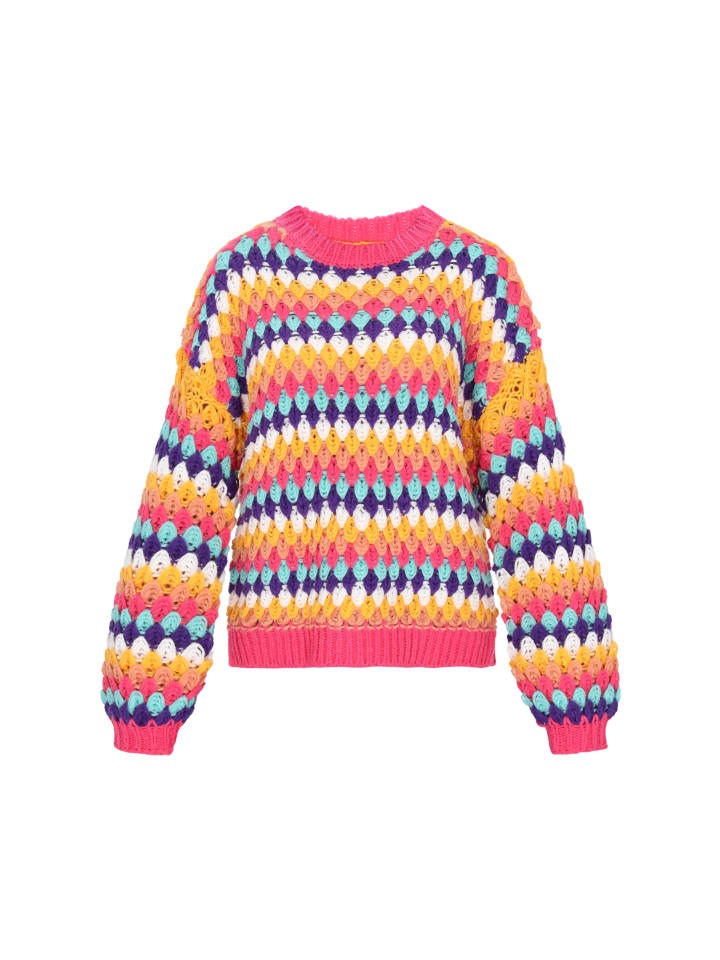 

Женский свитер розового цвета с разноцветными вставками myMo