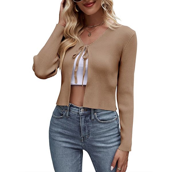 

Летний кардиган для женщин укороченный с завязкой спереди и ажурной вязкой Seoria, Camel Almond