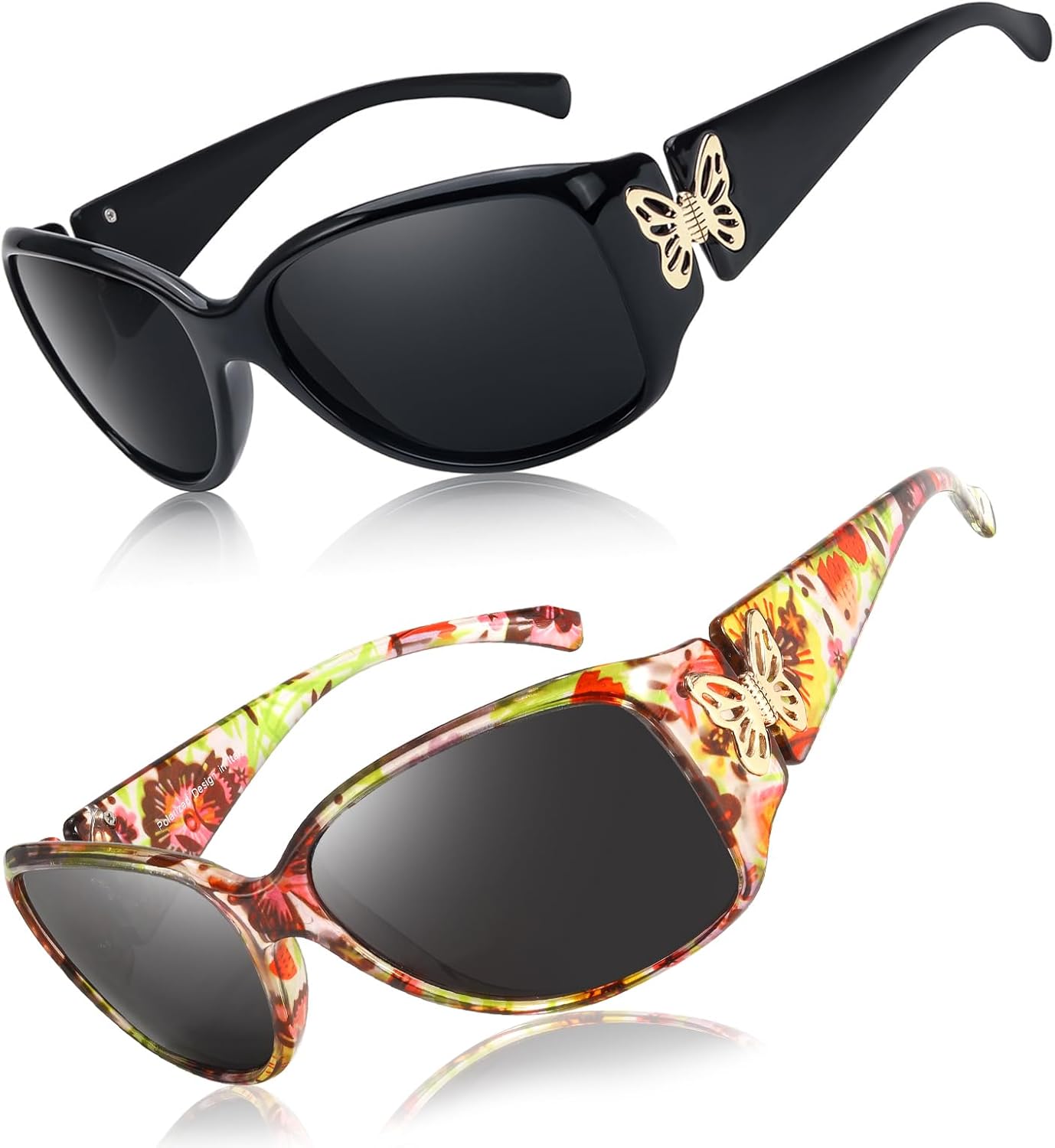 

Женские поляризованные солнцезащитные очки Myiaur, модные ретро-очки с защитой от УФ-излучения UV400 и декором в виде бабочек (2 шт.), A13(2 Pack) Black/Grey+ Floral/Grey