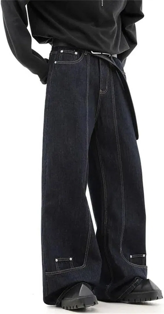 Джинсы свободные Men's Korean Reverse Design Jeans Retro High Street Casual Pants, синие — фото 3