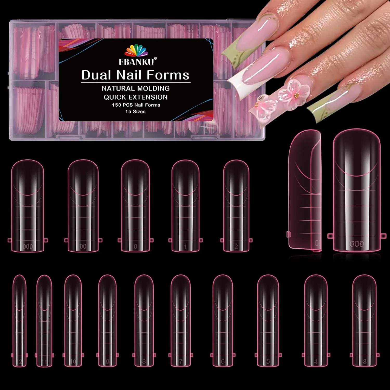 Набор многоразовых форм для наращивания ногтей Polygel Tips (150 шт.) Ebanku, 150 X Pink Square