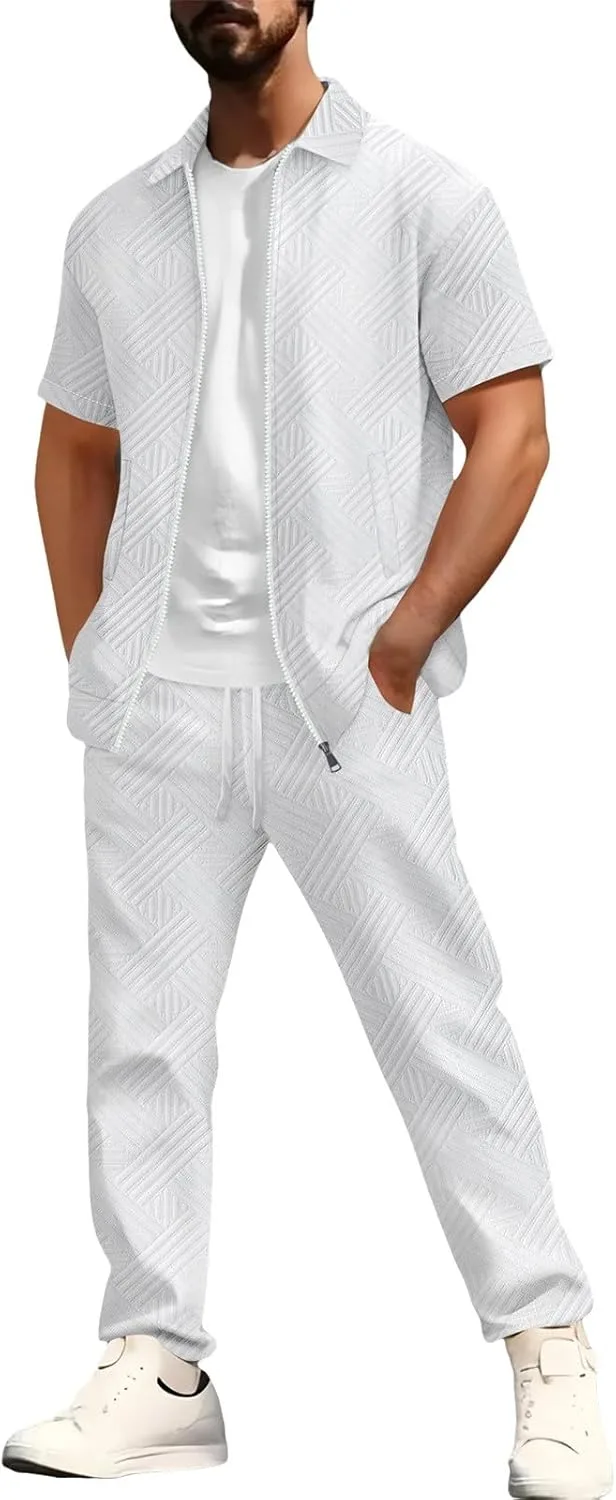 Мужской спортивный костюм из двух частей: летний повседневный комплект из жаккардовой ткани с коротким рукавом (куртка и спортивные штаны) Generic, белый