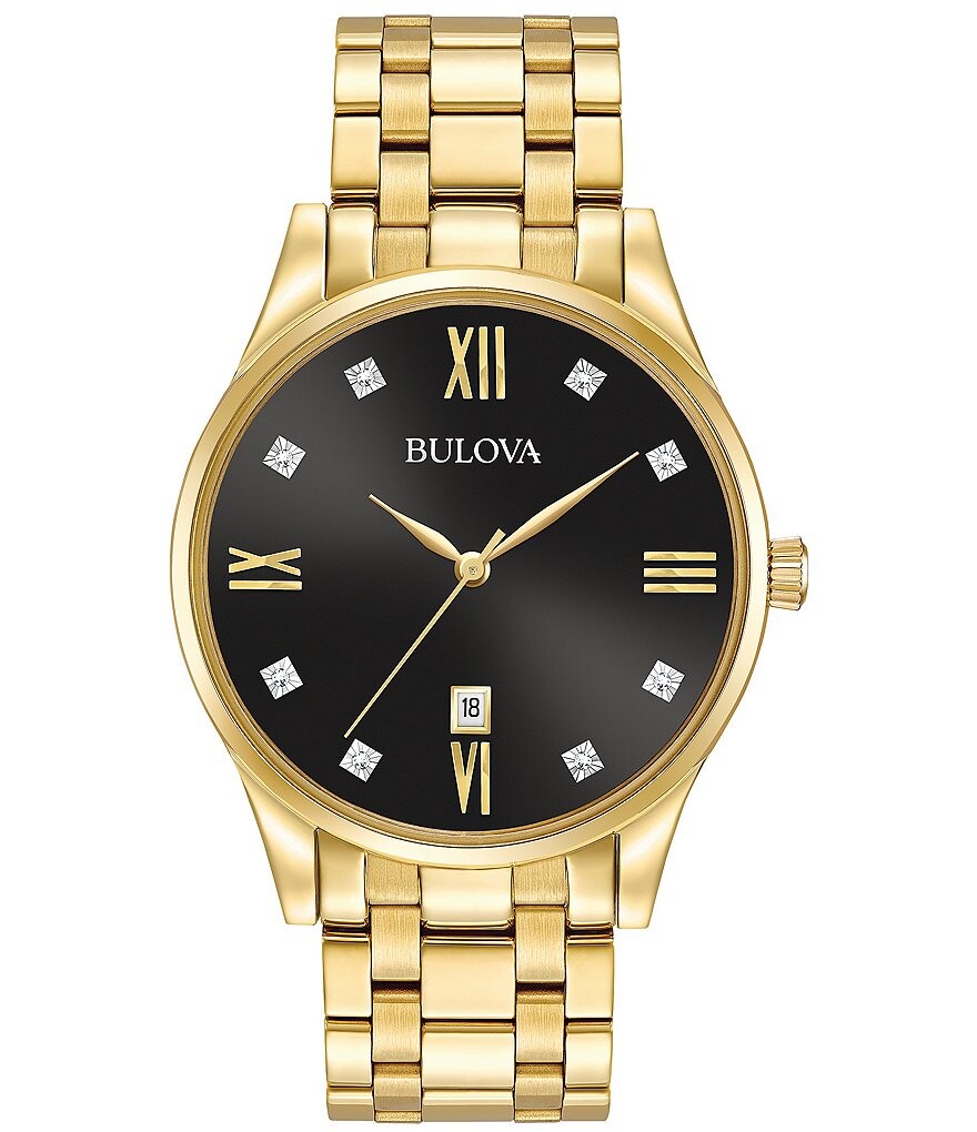 

Bulova Мужские классические кварцевые золотые часы с браслетом из нержавеющей стали с бриллиантами, золотой