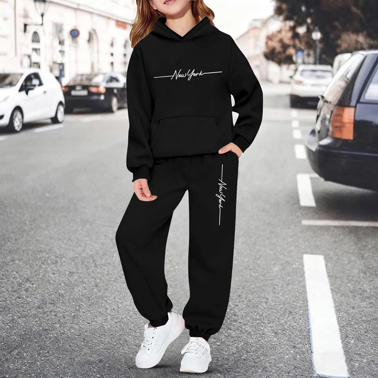 Generic Комплект New York Sweatsuits для девочек: флисовая толстовка с графическим принтом и спортивные штаны-джоггеры. Осенняя одежда, черный — фото 2