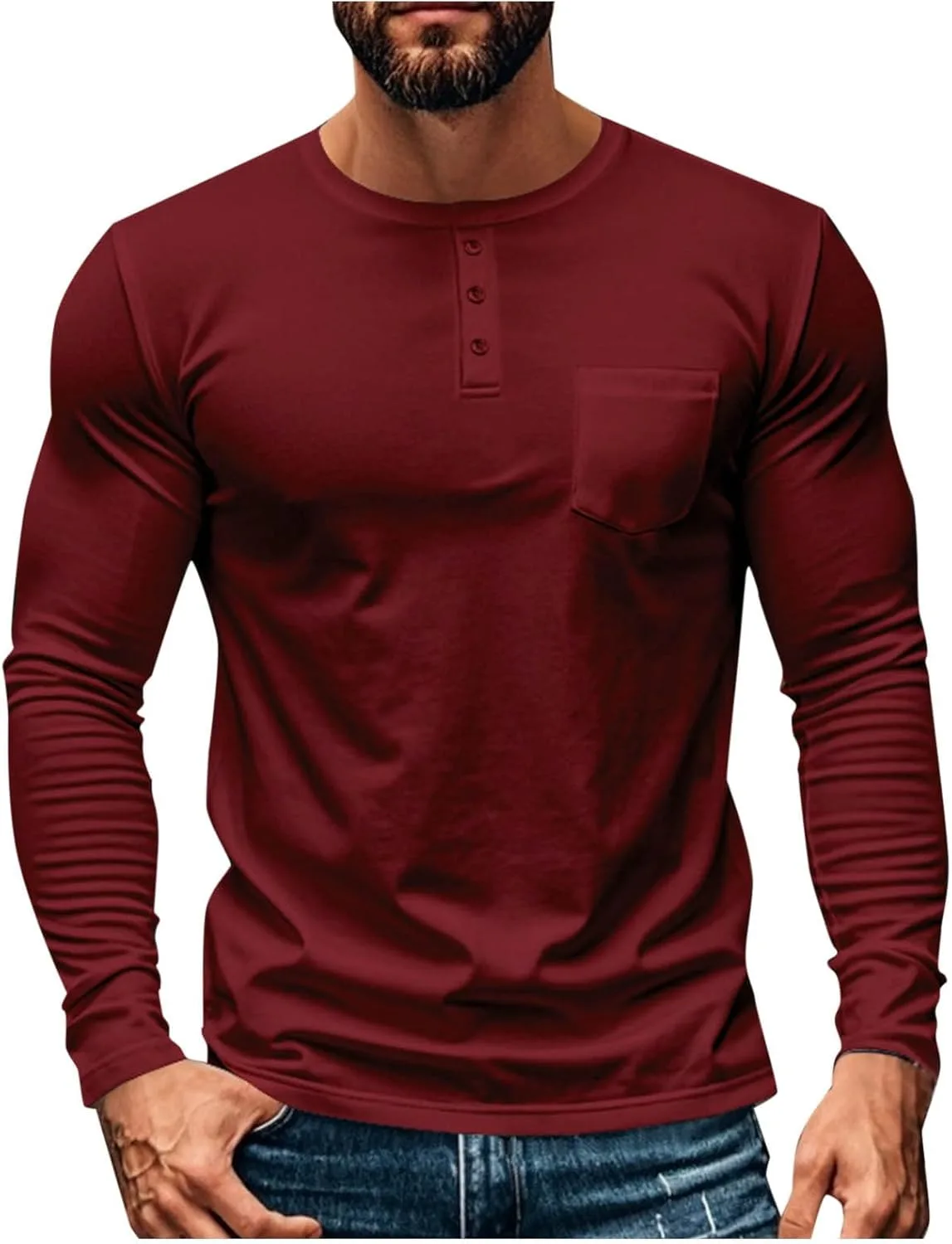 

Мужская однотонная футболка с длинным рукавом и воротником хенли