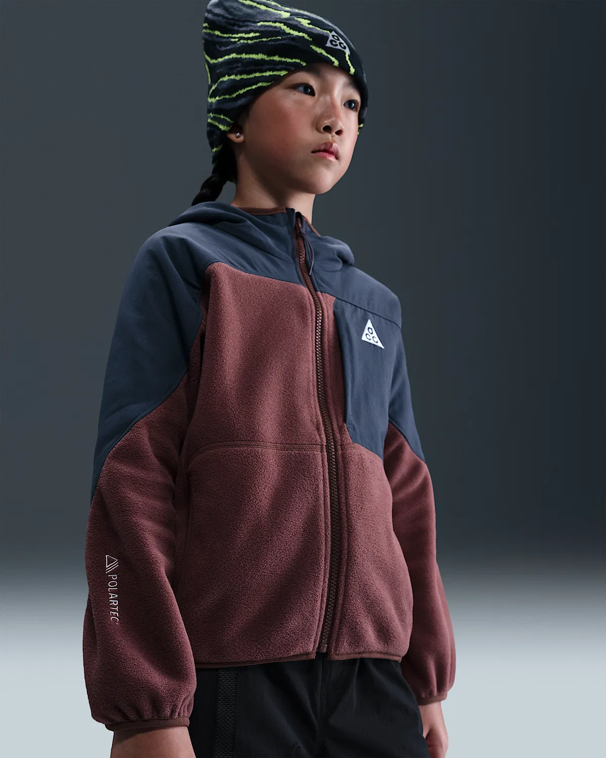 Детская флисовая кофта Polartec® на молнии Nike ACG "Wolf Tree", Red Sepia/Thunder Blue/Summit White — фото 2