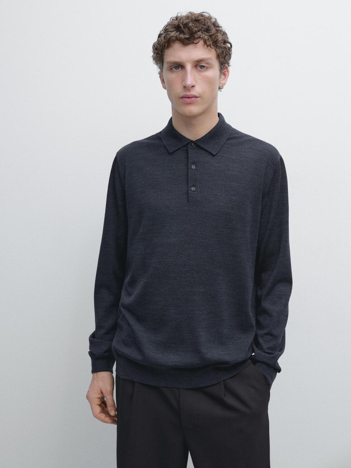 Шерстяной вязаный свитер с воротником поло Massimo Dutti, dark navy — фото 3