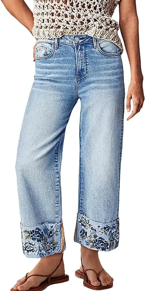 

Женские джинсы прямого кроя mid rise с цветочной вышивкой MRNYQBM