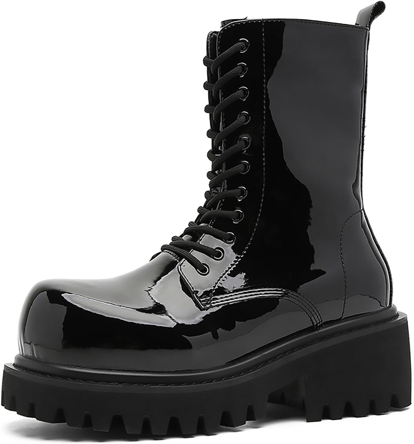 

Мужские градиентные ботинки с боевым дизайном из лакированной кожи, шнуровка, боковая молния, массивная платформа, средняя длина, повседневные, дерби, ботильоны для мотоциклов и вечеринок Bwseobg, черный