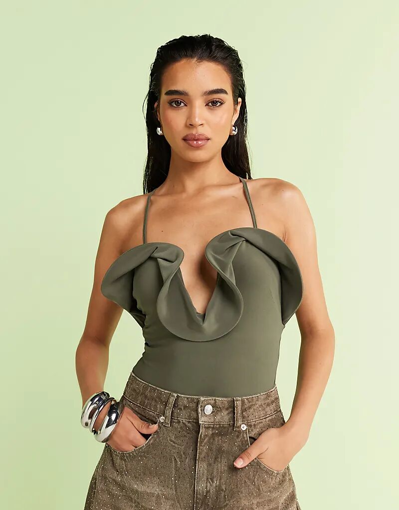 

Боди ASOS DESIGN с глубоким вырезом и оборками, зеленого цвета