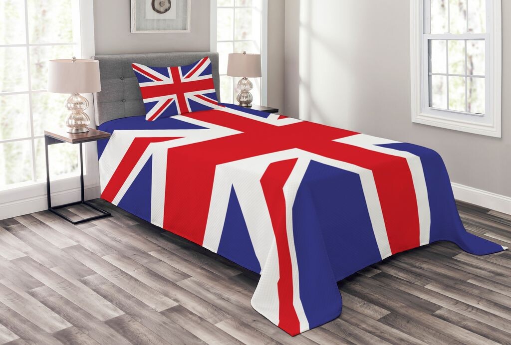 

ABAKUHAUS Комплект покрывала Union Jack, British Loyal, с моющимися наволочками, для односпальных кроватей 170 x 220 см, королевский синий белый