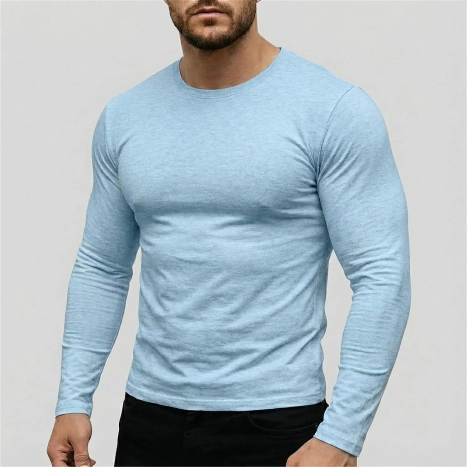 Мужская футболка с длинным рукавом Slim Fit Crewneck, базовая, однотонная, мягкая, влагоотводящая, легкая, спортивная Generic, светло-голубой — фото 2