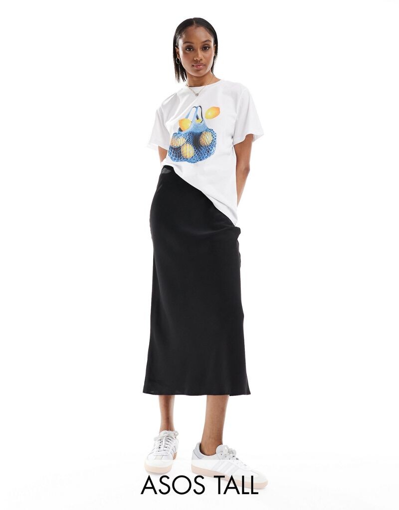 

Черная атласная юбка миди косой косой ASOS DESIGN Tall