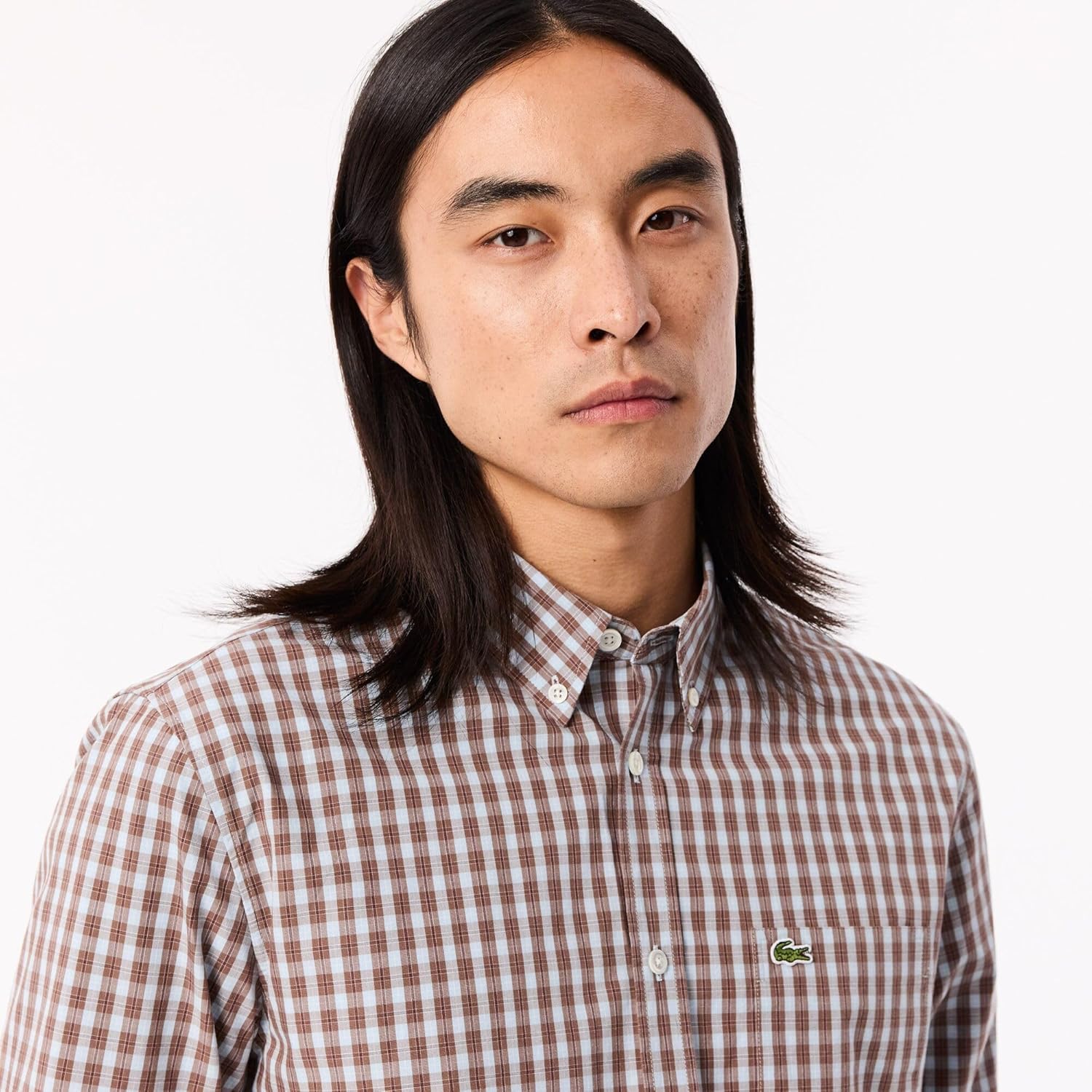 Lacoste мужская длинная рубашка в клетку Gingham на пуговицах, Myrrh Cotton — фото 4