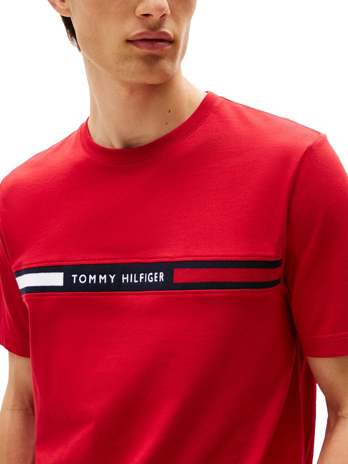 Мужские хлопковые футболки Tommy Hilfiger с коротким рукавом и фирменным логотипом в полоску, также доступны в размерах для больших и высоких женщин., Medium Red — фото 2