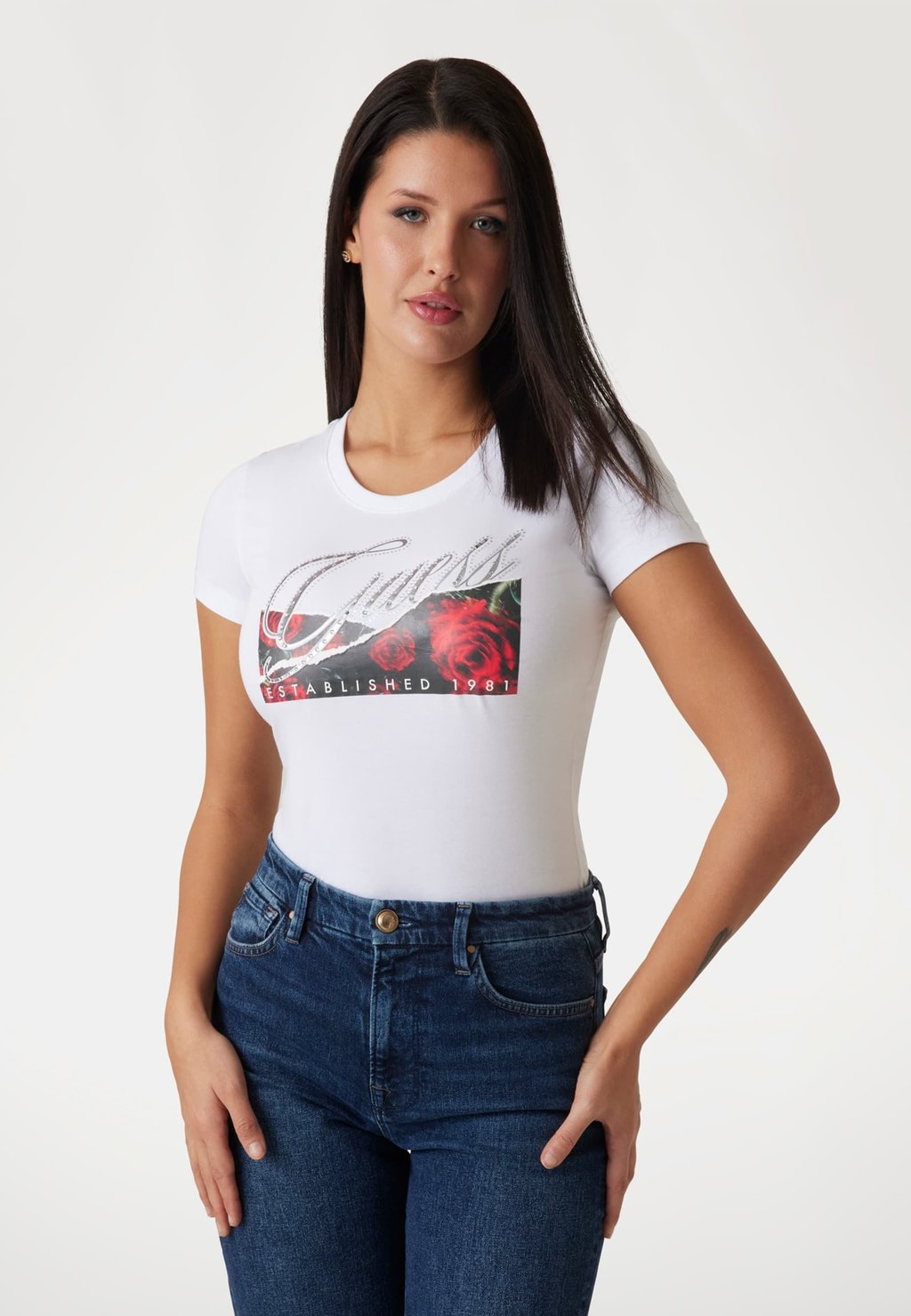 

Футболка с принтом ROSES PRINT Guess, белый